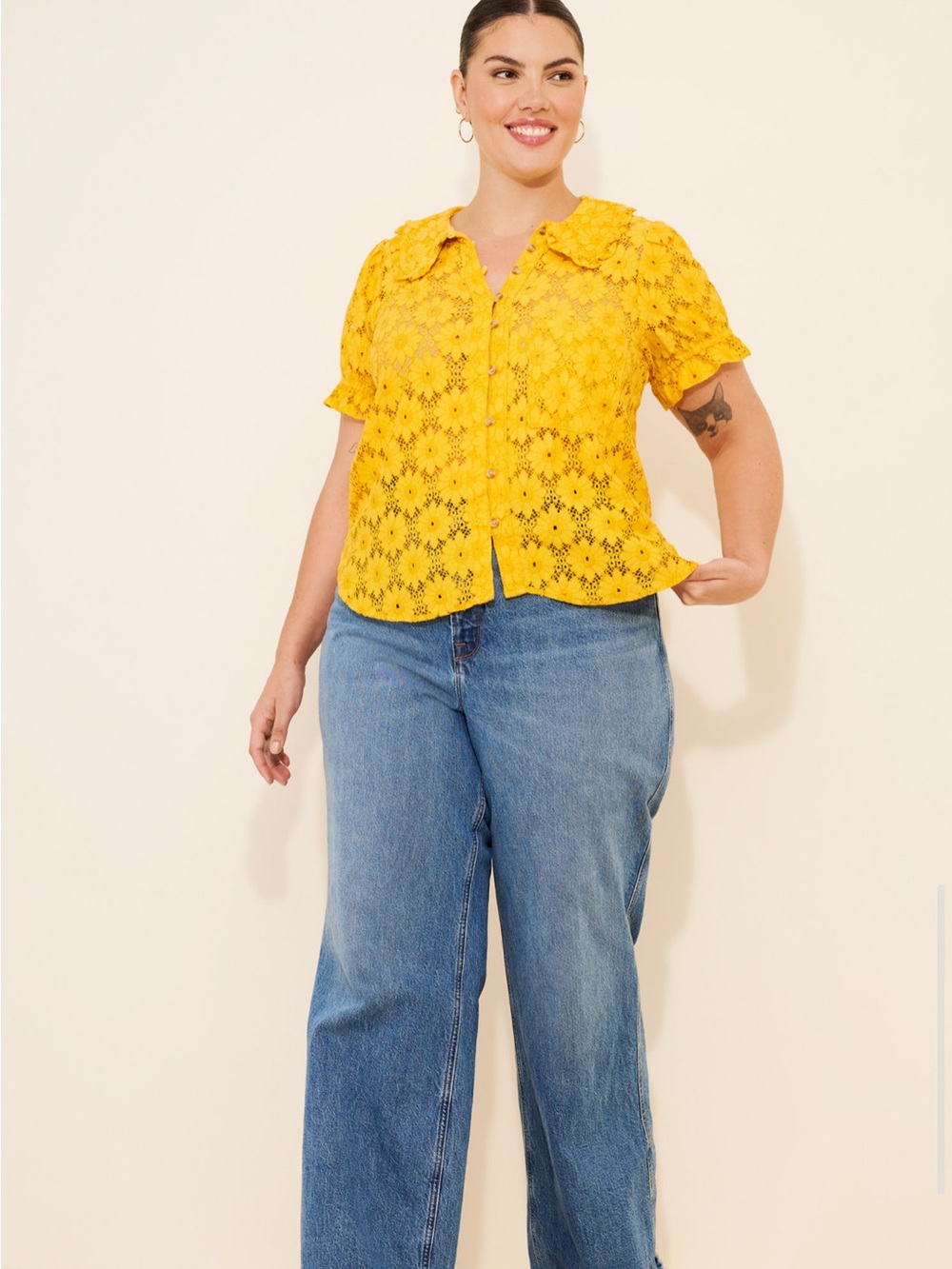 Pilcro Anthropologie Keira Yellow Lace Peter Pan Collar Blouse - Picture 4 of 6